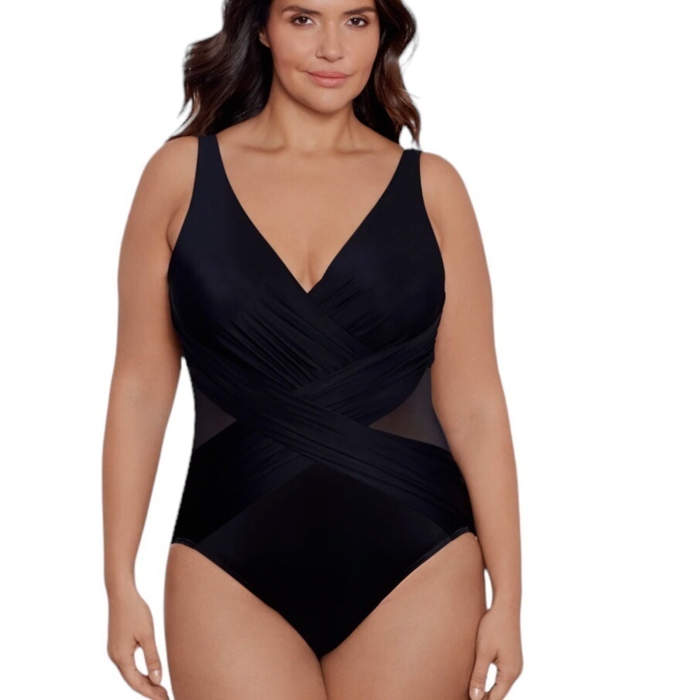 Miraclesuit Black Crossover Mesh Inset Tummy Control One Piece Sz 20W NWT